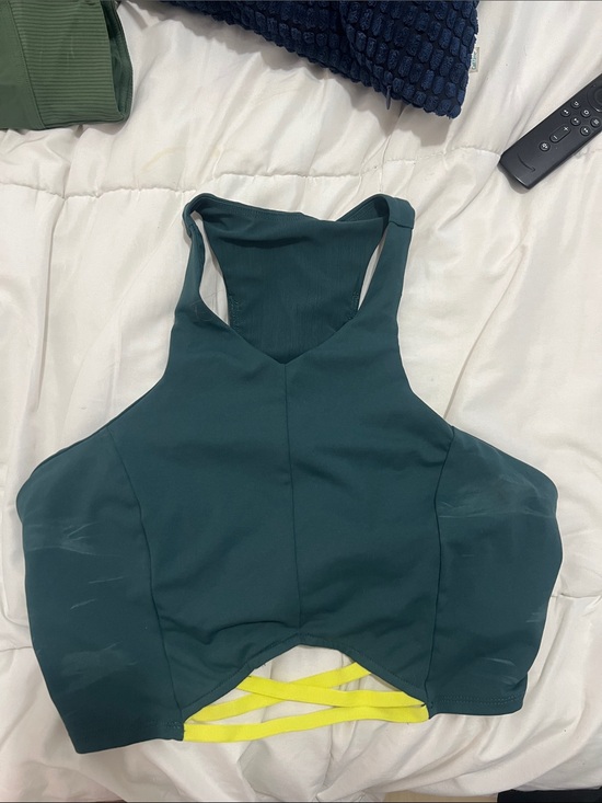 Fabletics Tops - Fabletics Dark Teal High-Neck Sports Bra with Yellow Straps in front